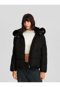 BERSHKA Hood Puffer- Giacca Invernale - Black